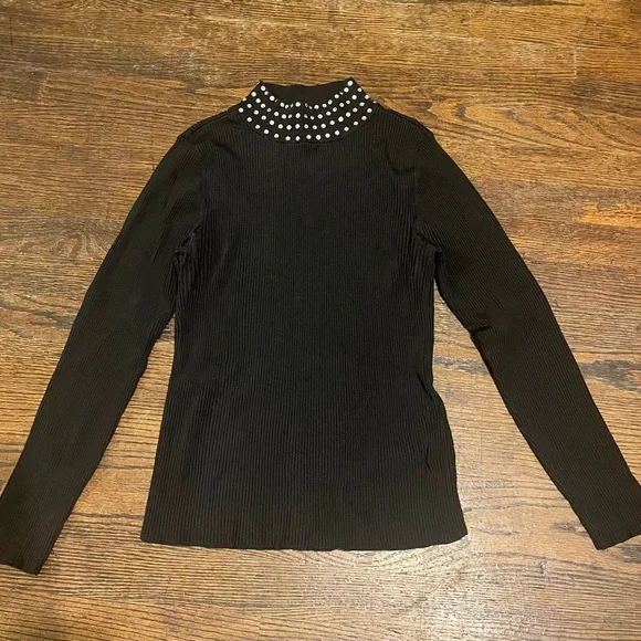 INC International Concepts Black Ribbed Sweater with Rhinestone Collar - Picture 4 of 11